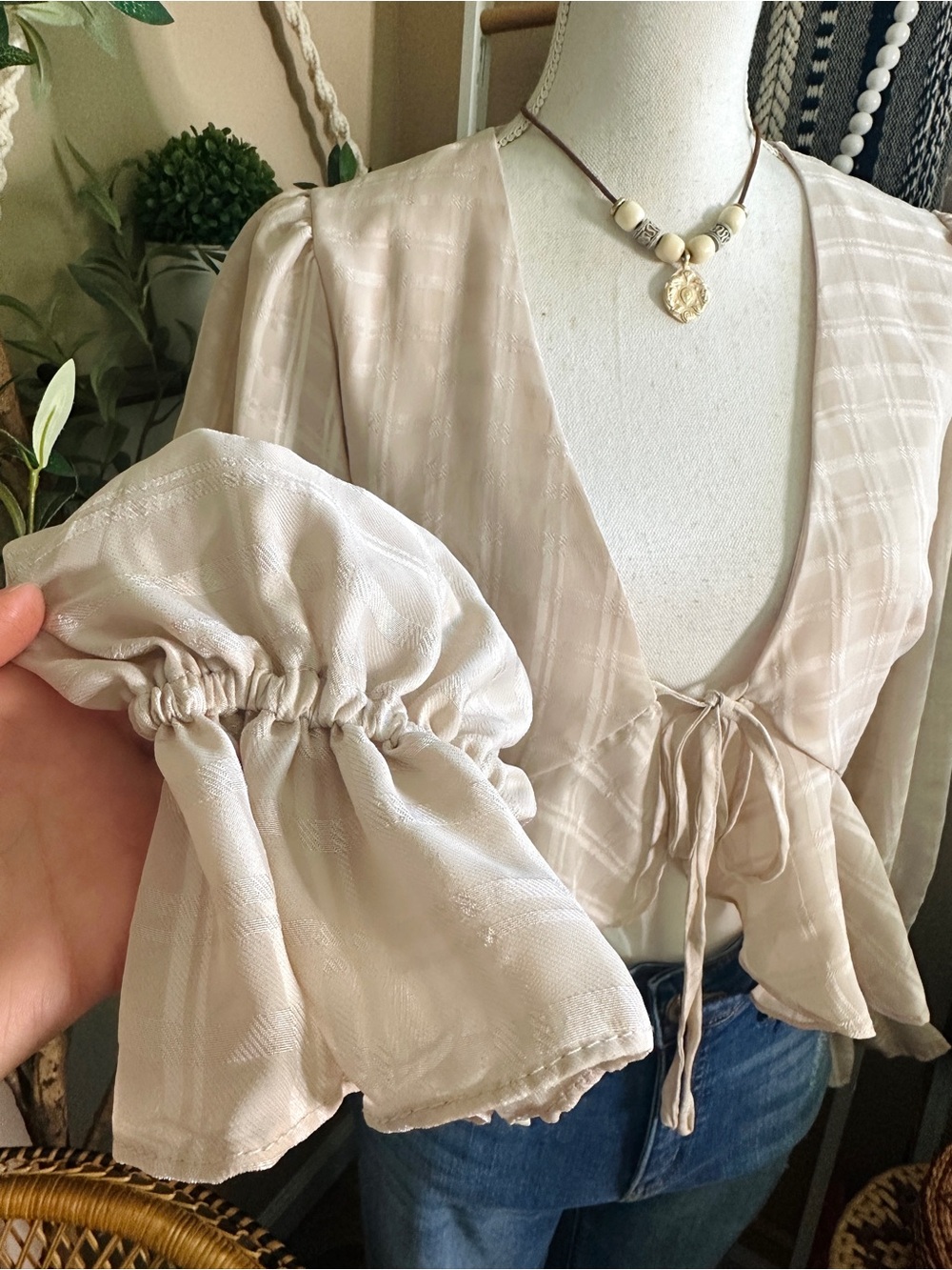 Mable Blush Beige Plaid Tie Front Peplum Blouse Medium - Picture 3 of 8